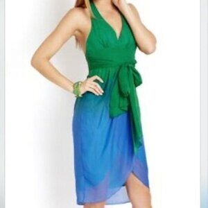 BCBG MaxAzria Silk Ombre Halter Dress Blue Green Sz 0 Flawed